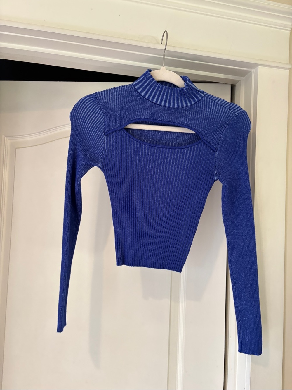 Say What? Cobalt Blue Ribbed Mock Neck Sweater with Front Cutout